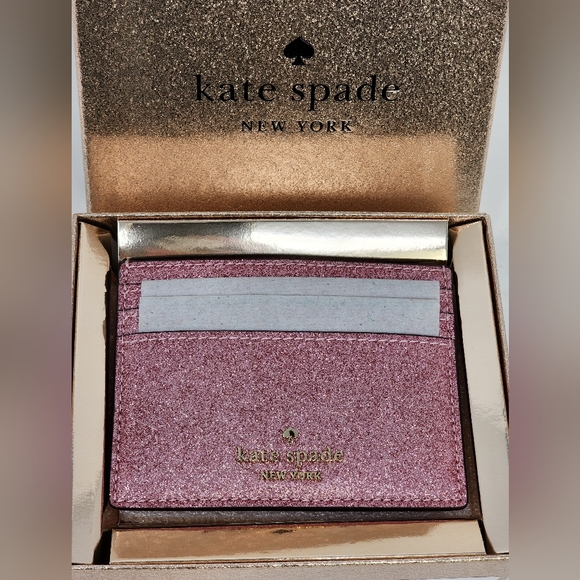 New Kate Spade Pink Leather Wallet Cardholder Small Gift Box Glitter Mitten Pink - Picture 6 of 13